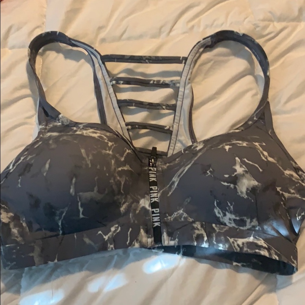 Grey Marbled Print PINK sports bra